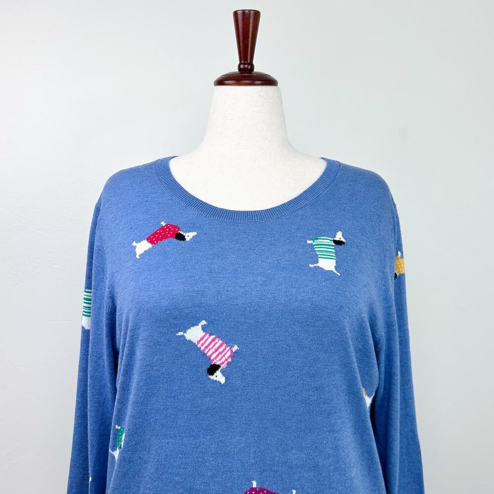 Talbots Dachshund Weenie Dog Blue Cotton Blend Lightweight Knit Sweater XL